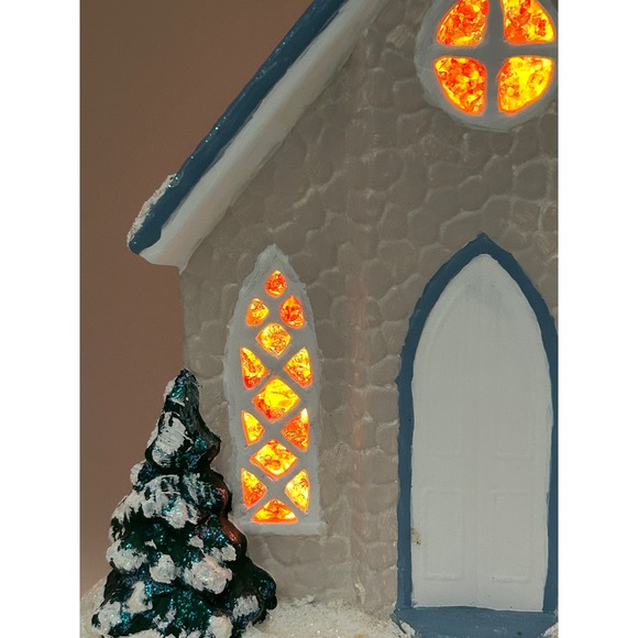 Vintage Ceramic Light Up winter Church Village Blue Steeple Stained Glass Look - Picture 16 of 16